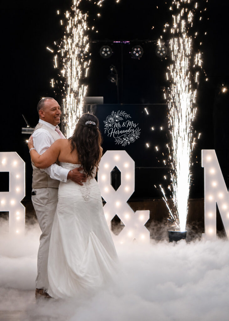 HALO Entertainment Services Custom Monogram Spotlight, Cold Sparklers & Dry Ice Cloud